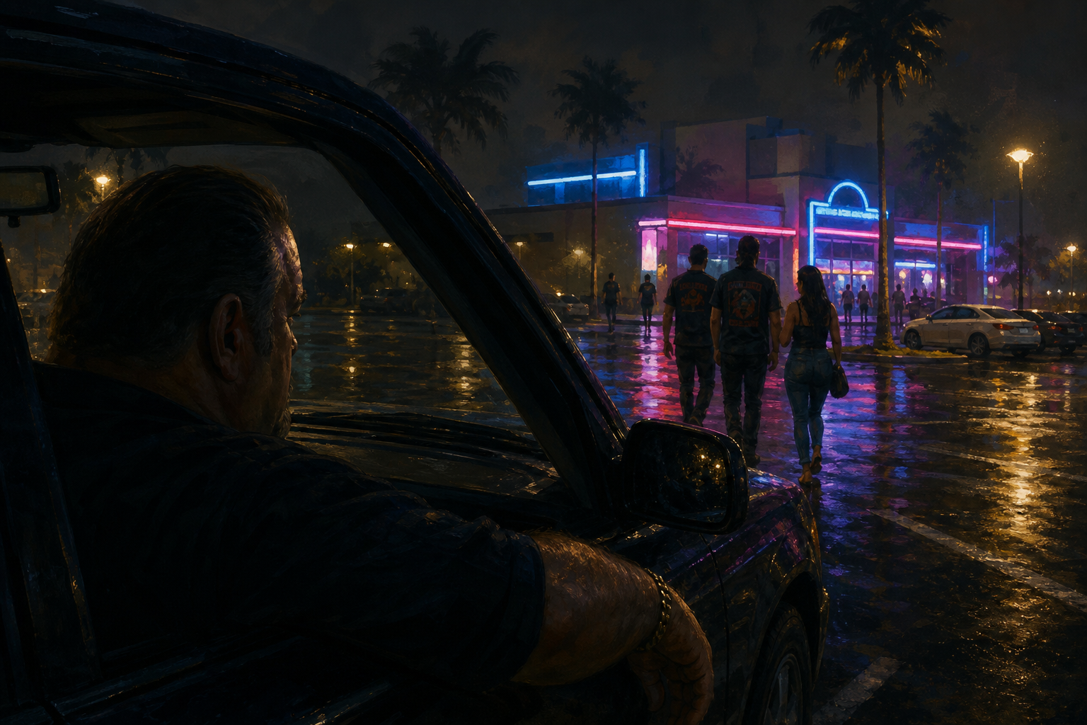 Tony watching the arcade lot from a parked car at night